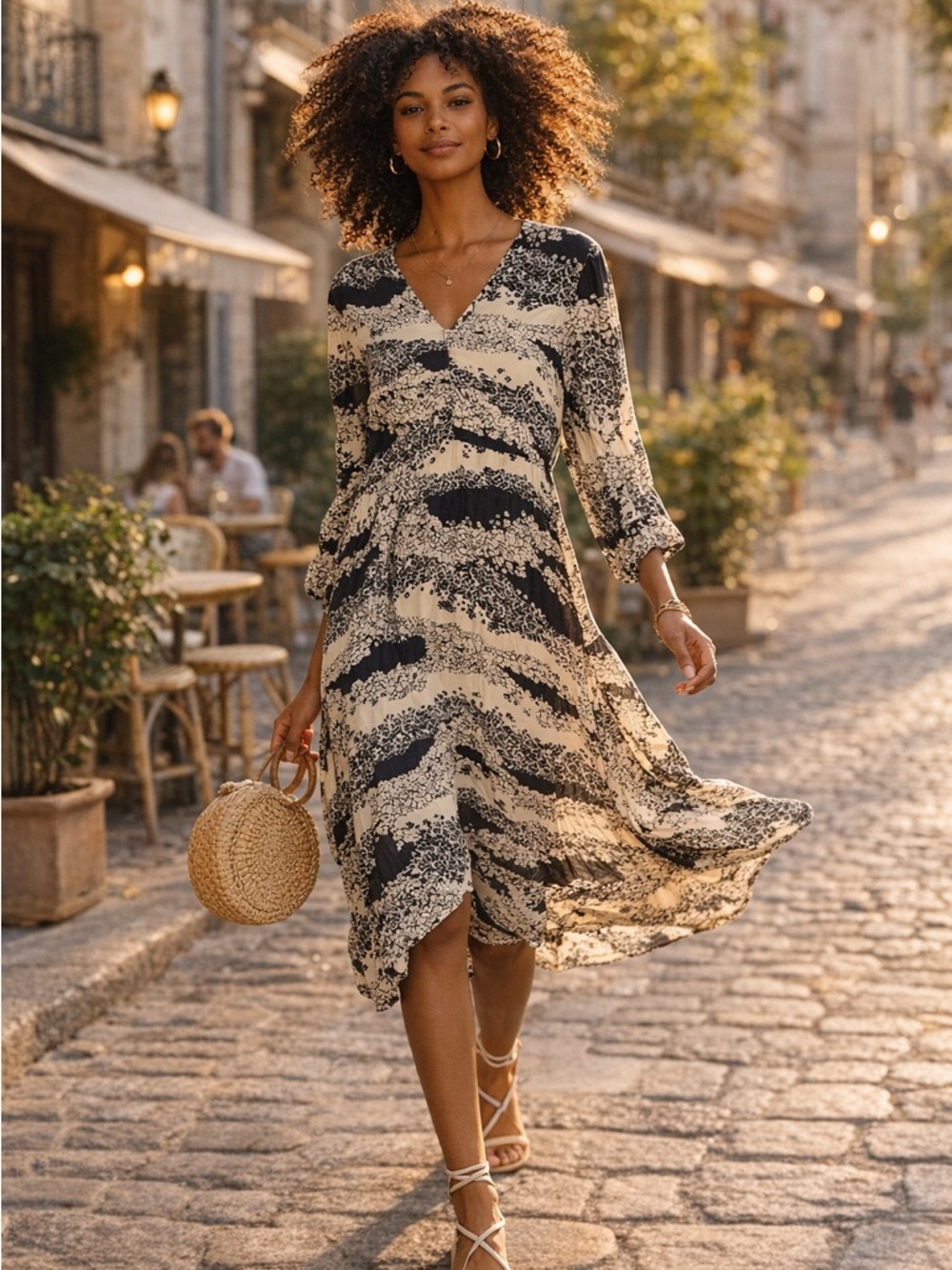 Saint Tropez Iselin Midi Dress Black Cream XL Long Sleeve Chic Abstract